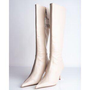 Zara Womens Knee High Boots Winter White Faux Leather US 7.5 EU 38 NWT 2009/410